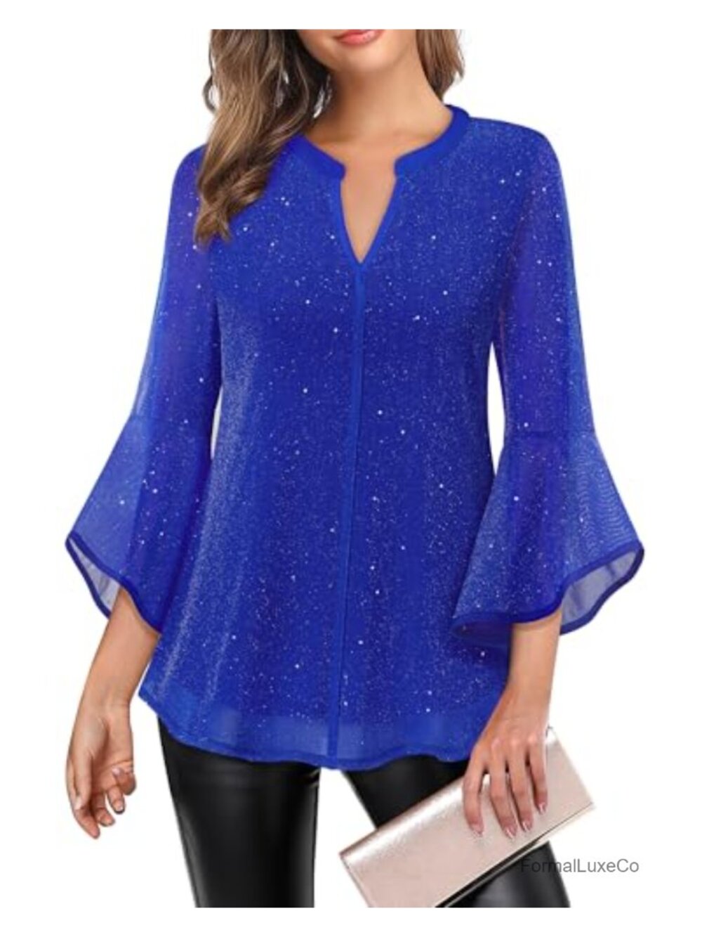 Women's 3/4 Sleeve Mesh Layered Flowy Tunic Top V-Neck Blouse